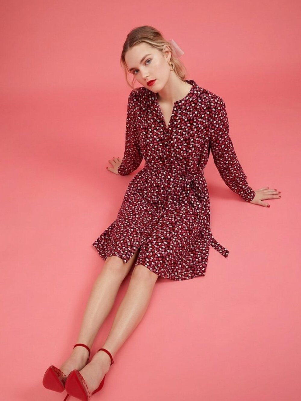 The Loft Hearts on Hearts Belted Roll Sleeve Pink/Red Shirt Dress Size 2P